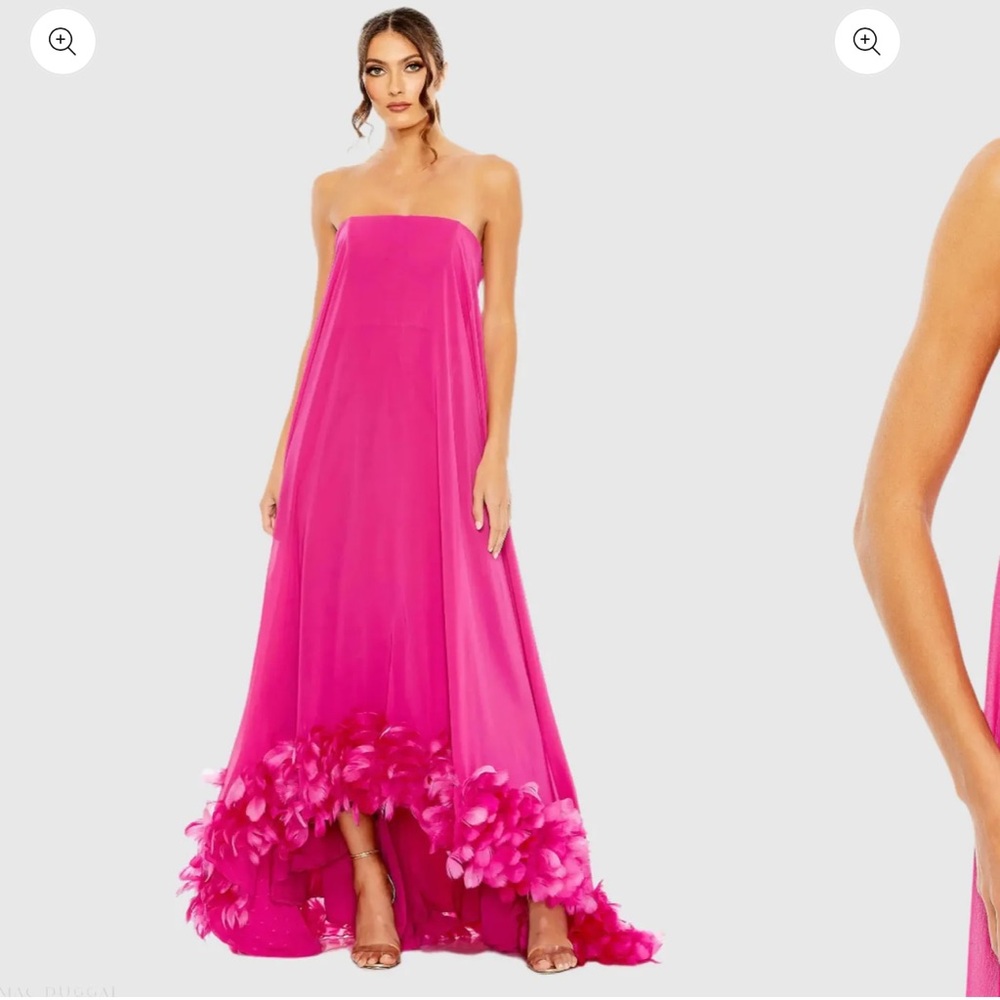 Mac Duggal Hot Pink Strapless Maxi Gown with Feather Hem